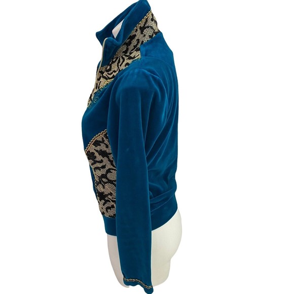 Koc & Grup womens Track Jacket Medium Velour Turquoise Blue Zip Up Mock Neck - Picture 5 of 12